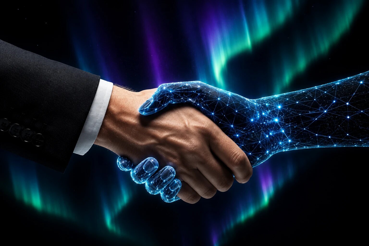 A human and an AI hand meeting in a handshake against an aurora-lit sky
